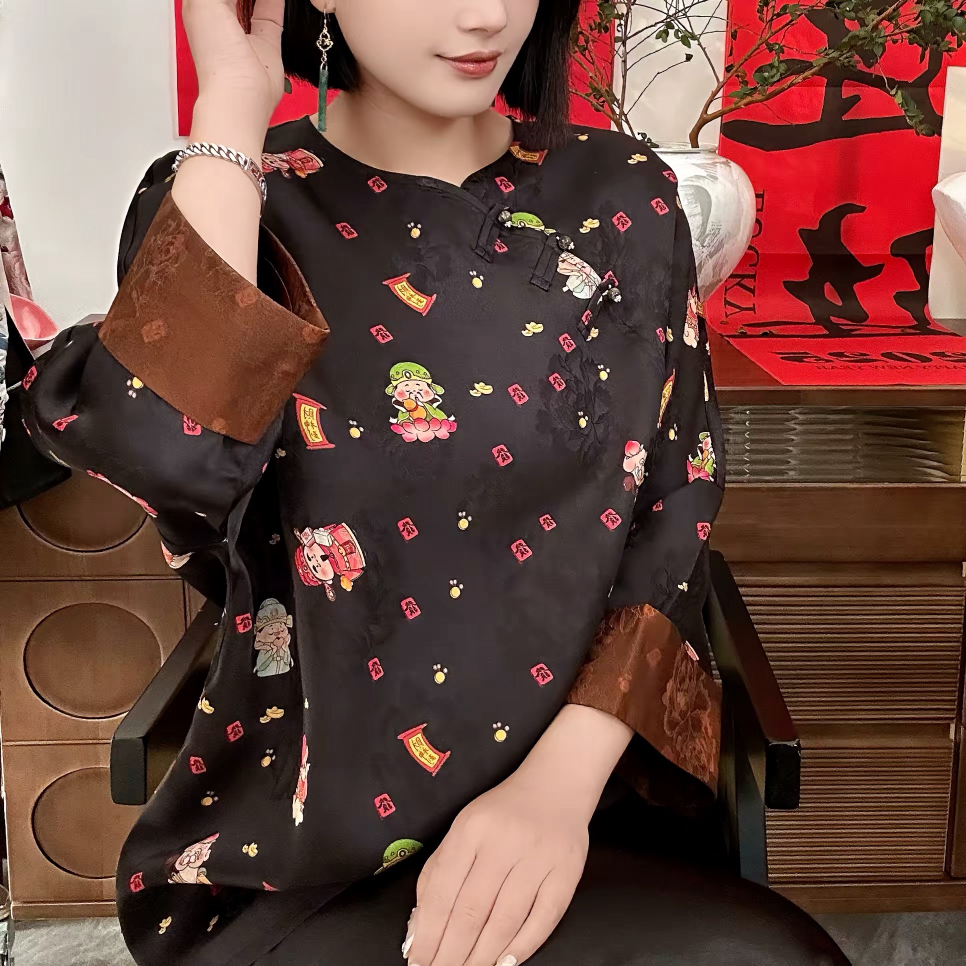 【小财神】早春新款国风小财神提花气质中长款宽松上衣