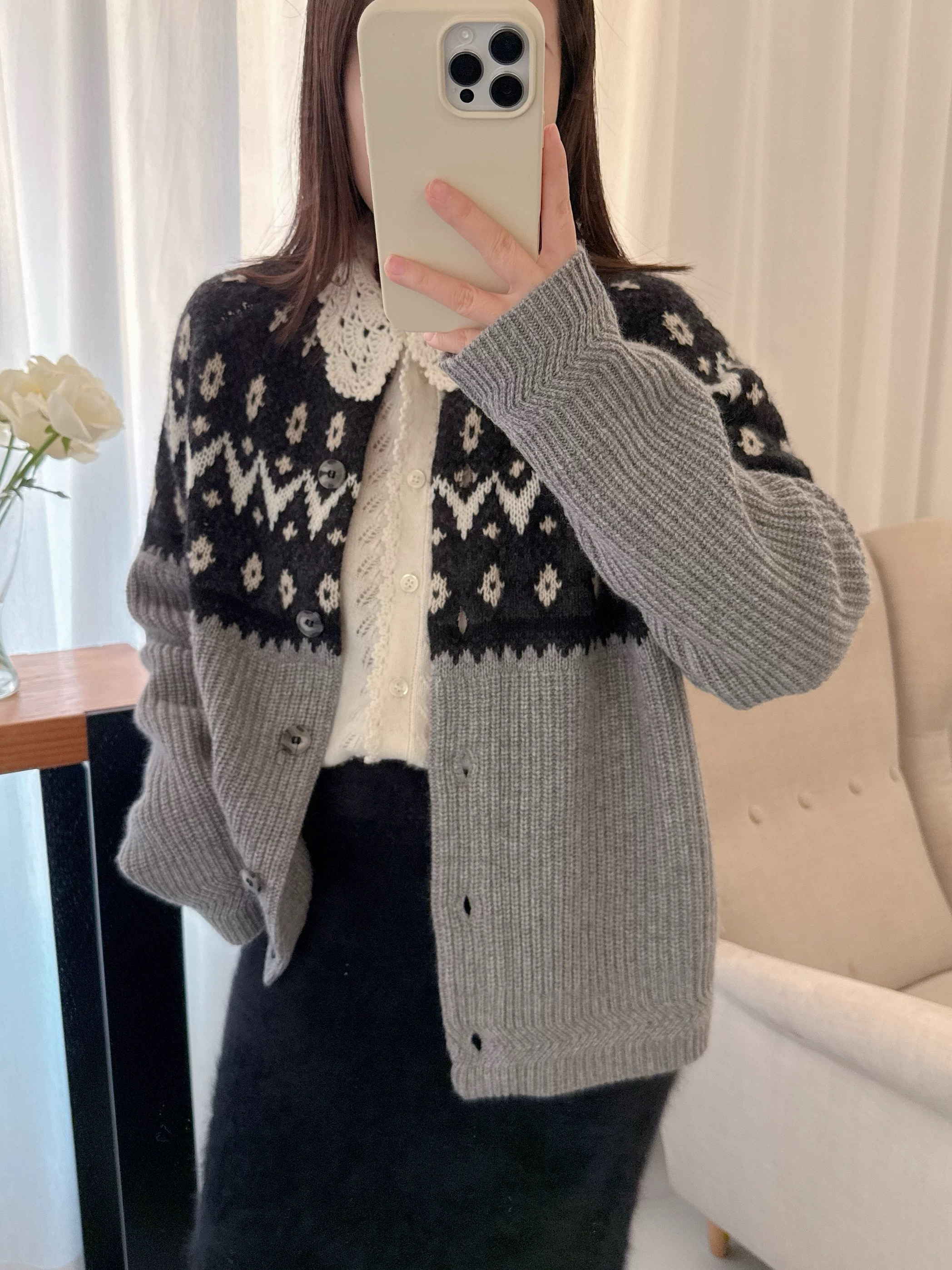 2024秋冬新品小香风厚款山羊绒长袖复古风开衫费尔岛毛衣