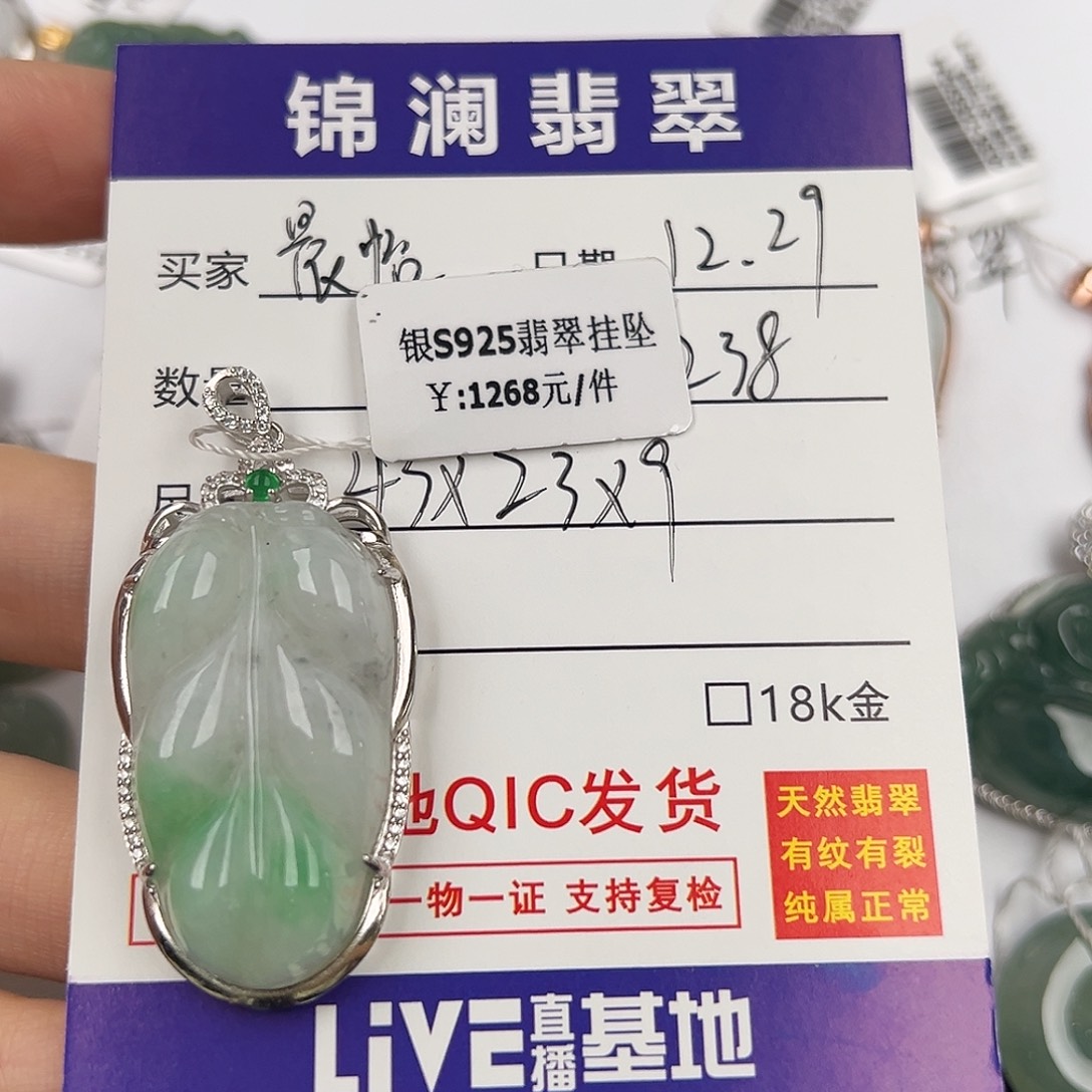晨***麻翡翠银S925镶嵌颈饰叶子