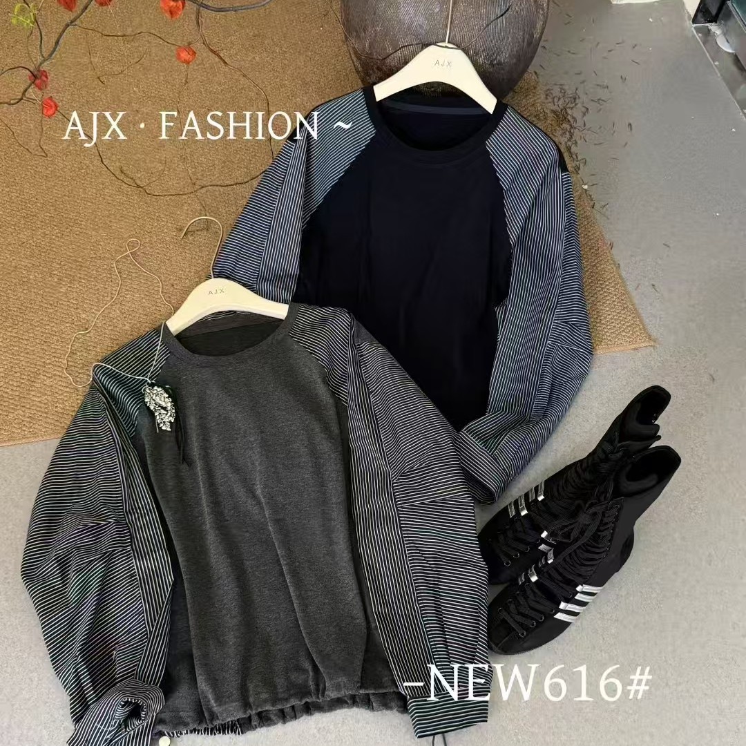 设计感独特的假两件拼接圆领长袖秋季慵懒风女士衬衫
