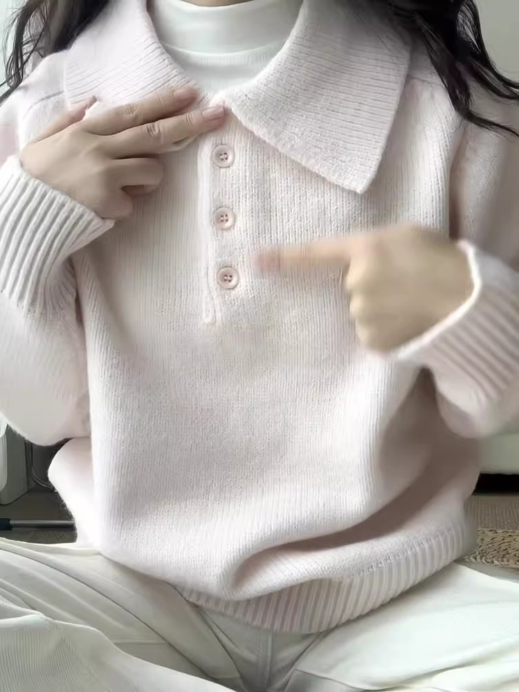 粉色翻领毛衣女秋冬季2025新款慵懒高级感可外穿内搭打底针织上衣