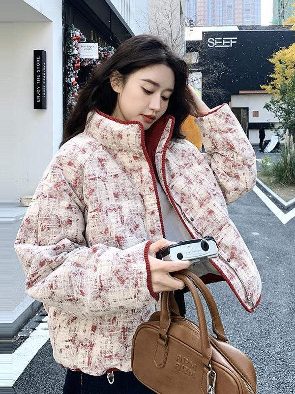 红色灯芯绒拼接立领混色雪花绒保暖棉服女冬季韩系洋气高级短外套
