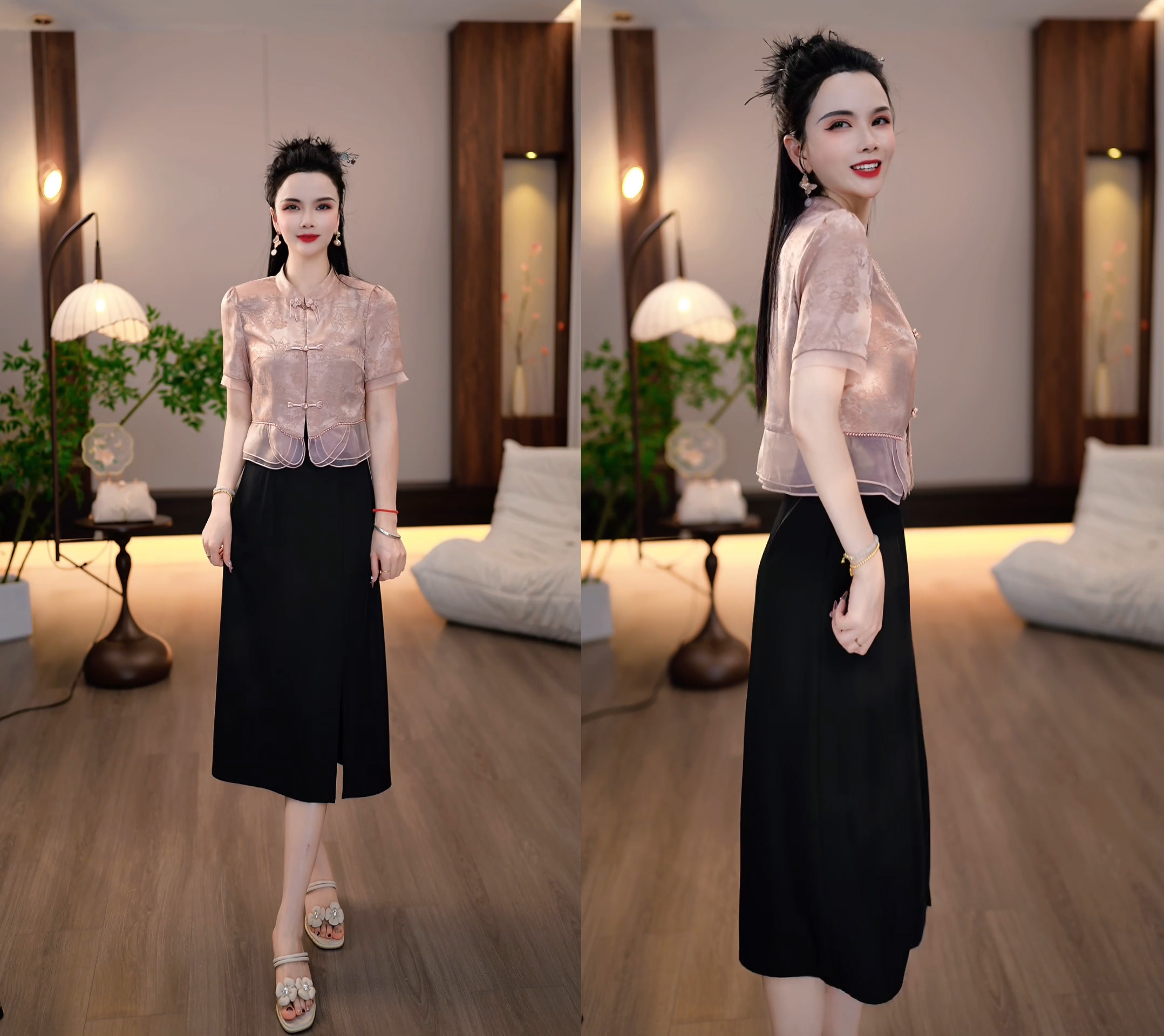 2025夏季中式盘扣粉色缎面短袖小衫+黑色连衣裙两件套M-4XL