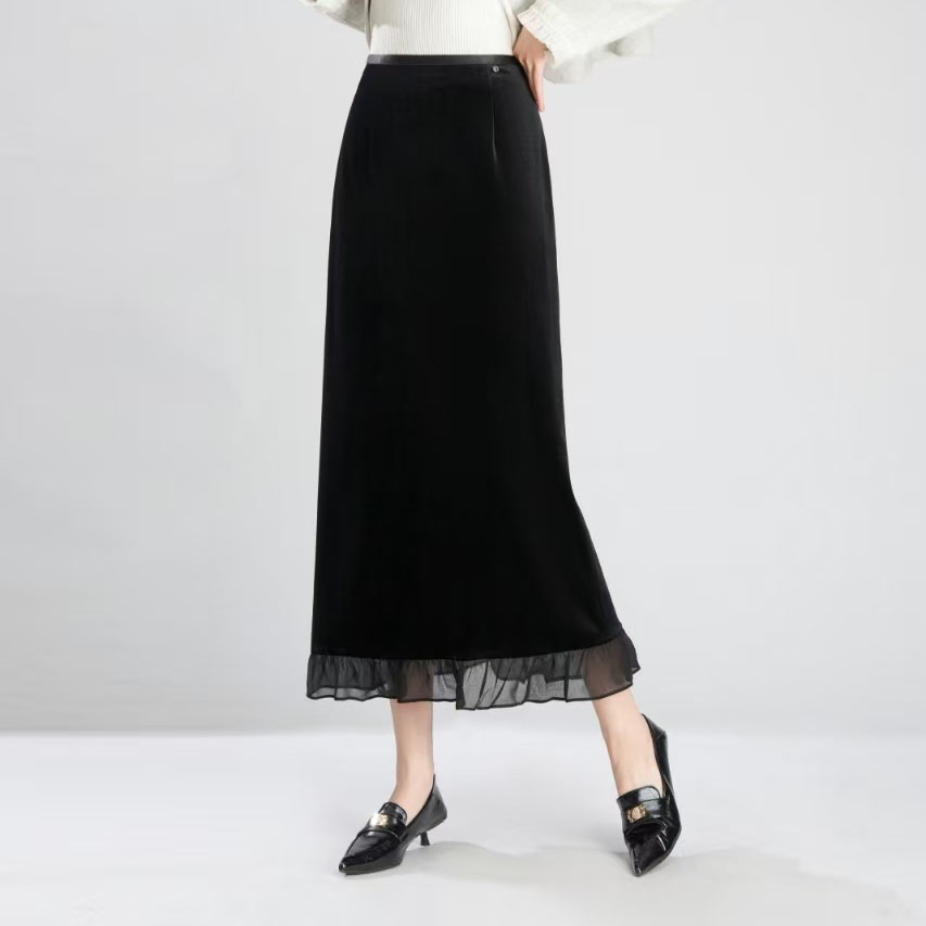 金丝绒半身裙秋冬季女高腰中长款显瘦拼接花边直筒裙子【6506】