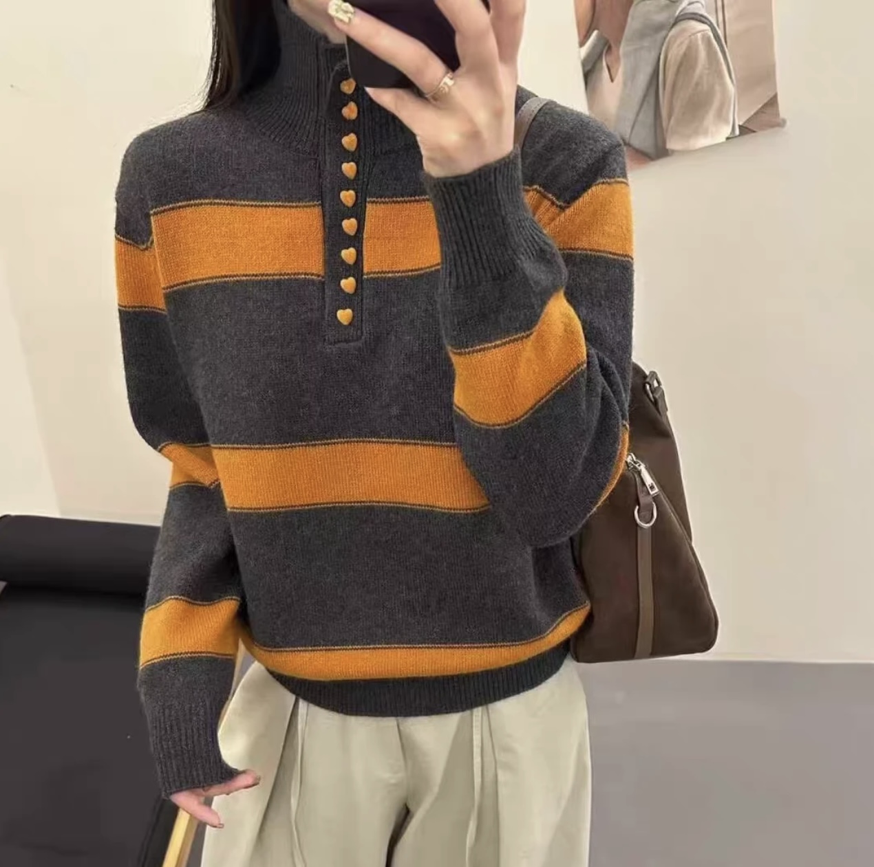 【重磅加厚 商场同款】浣熊绒半高领条纹韩系长袖保暖针织衫高级感