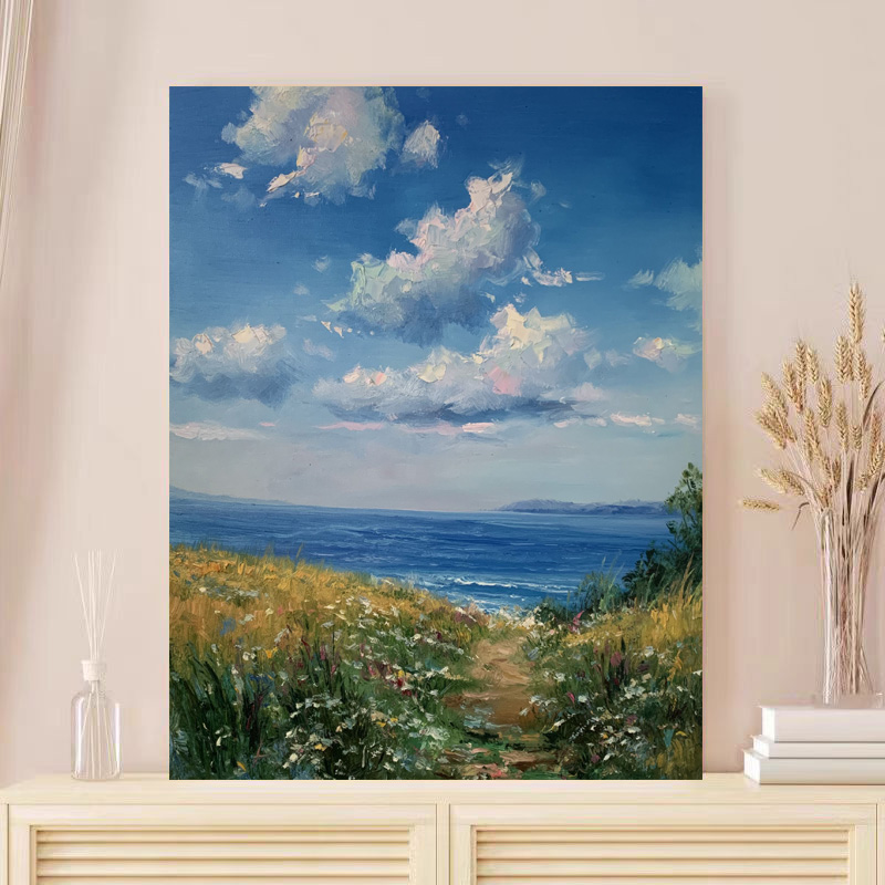 《海滨花径》50*60含内框，刘春建手绘油画装饰画，客厅背景墙挂画