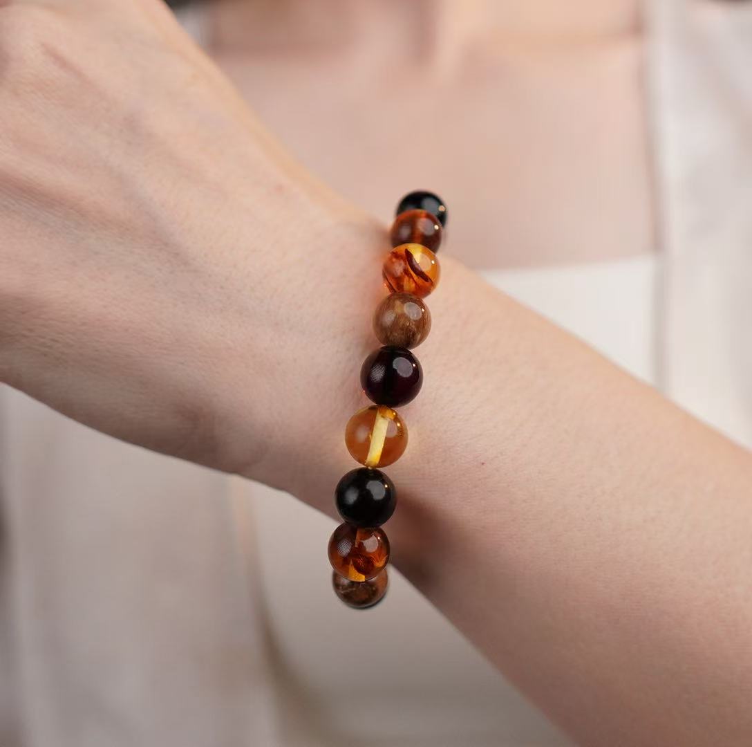 10+缅甸多宝手串血珀翳珀根珀花珀灵草珀紫罗兰圆珠手串单圈