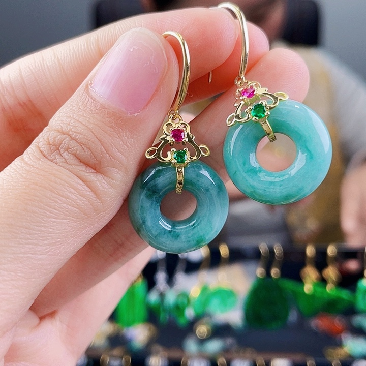 翡翠耳饰银S925镶嵌饰品