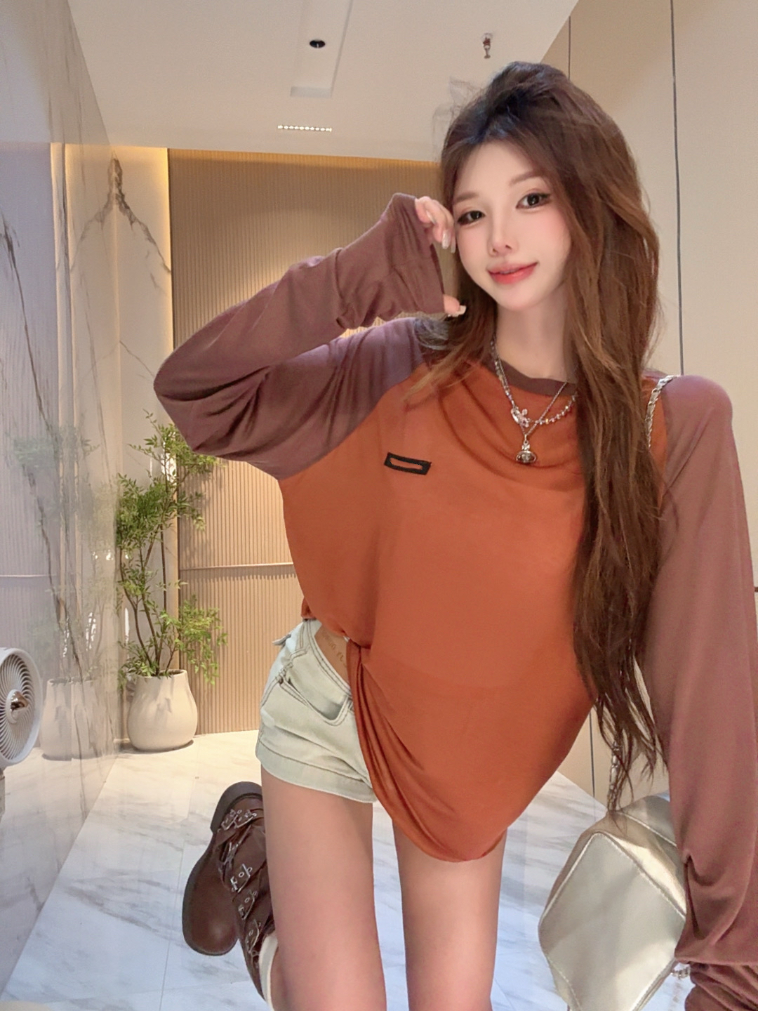 李馨儿【脏脏包】长袖宽松斜肩显瘦拼接夏季罩衫百搭衣服T恤休闲