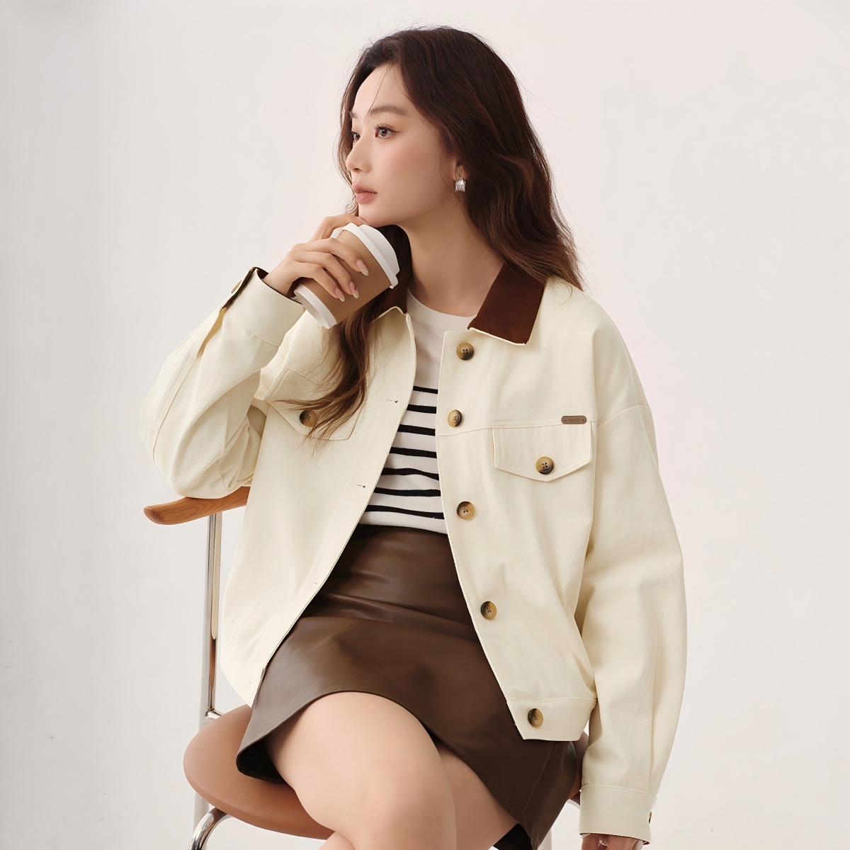 【白白叶叶专属】茵曼纯棉撞色翻领外套工装风夹克上F18518523