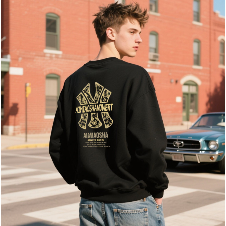 大码圆领卫衣男春秋宽松潮牌长袖t恤时尚痞帅穿搭胖子显瘦打底衫