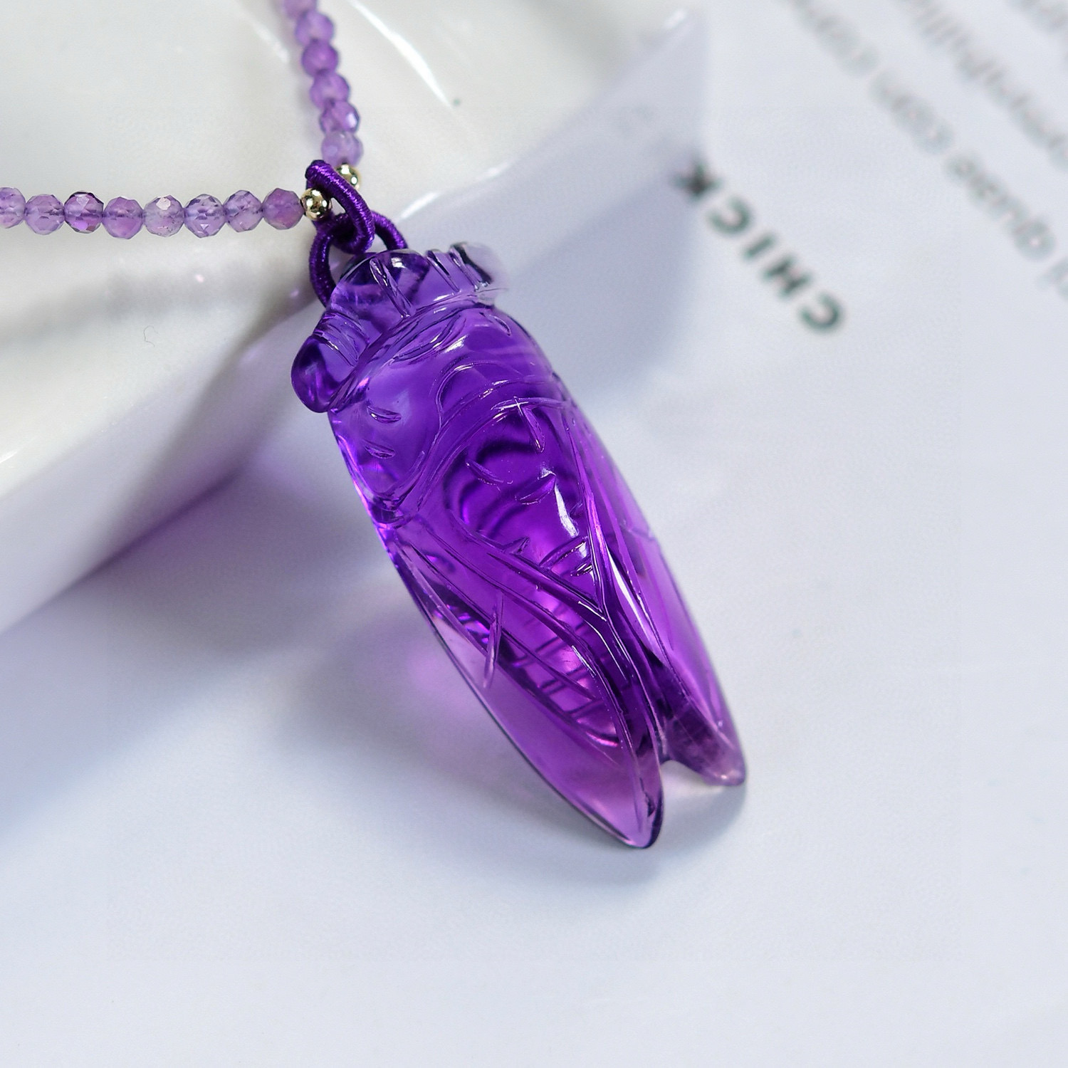 巴西天然紫水晶金蝉知了吊坠精工雕刻栩栩如生38*14.8*12mm