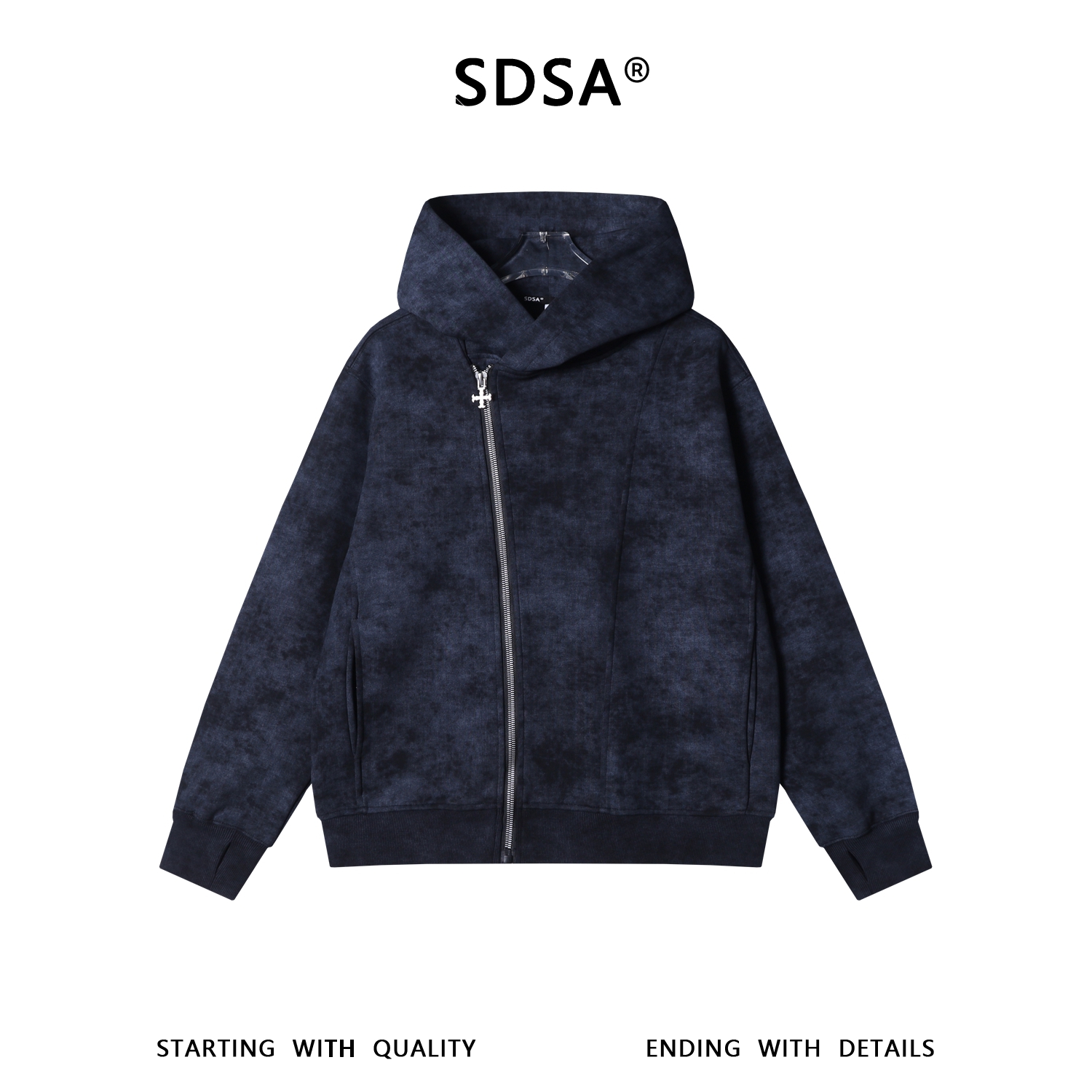 SDSA秋冬新款痞帅男装韩版潮牌扎染斜拉链连帽卫衣百搭开衫外套