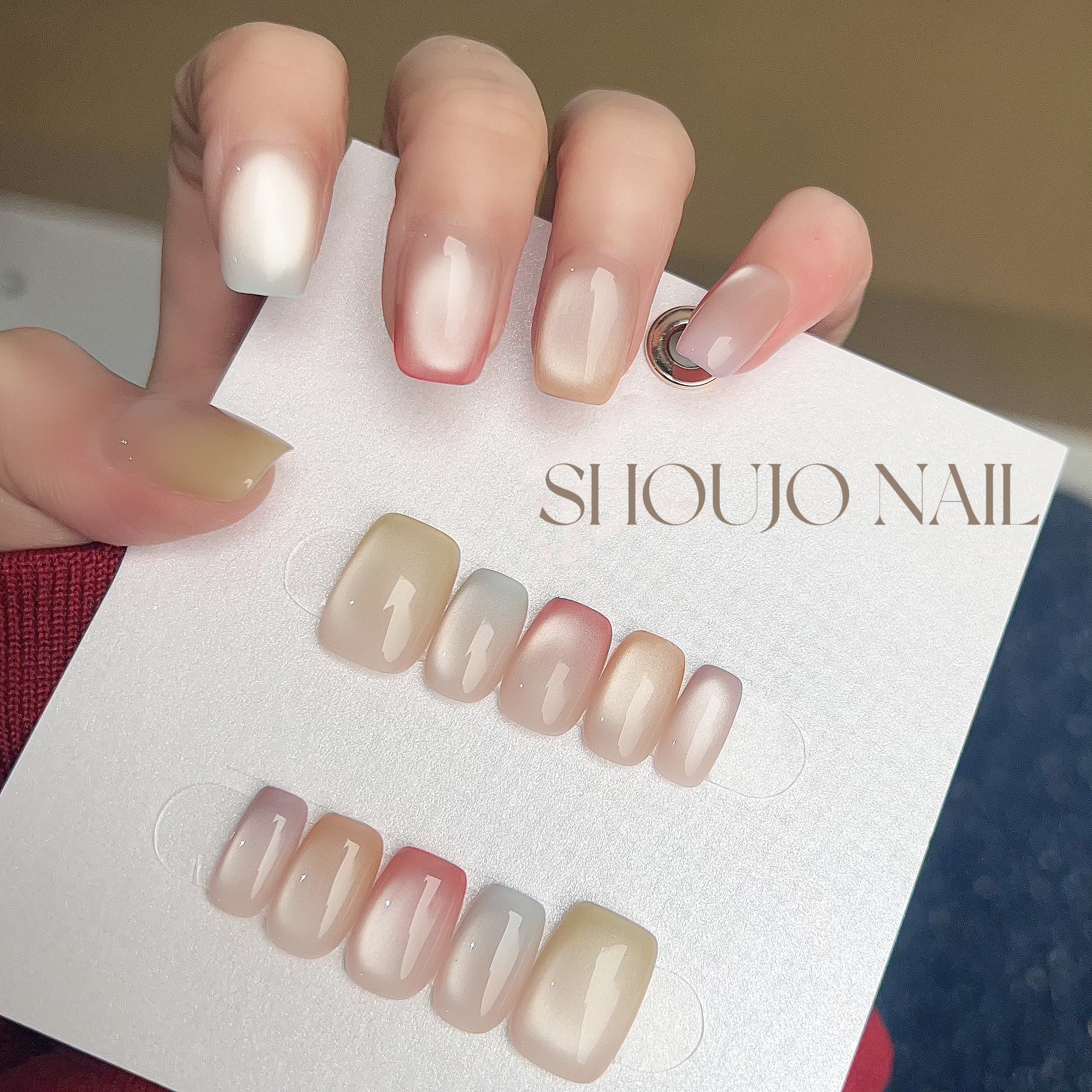 【彩虹糖】春夏彩色玻璃珠猫眼显白短甲纯手工穿戴甲