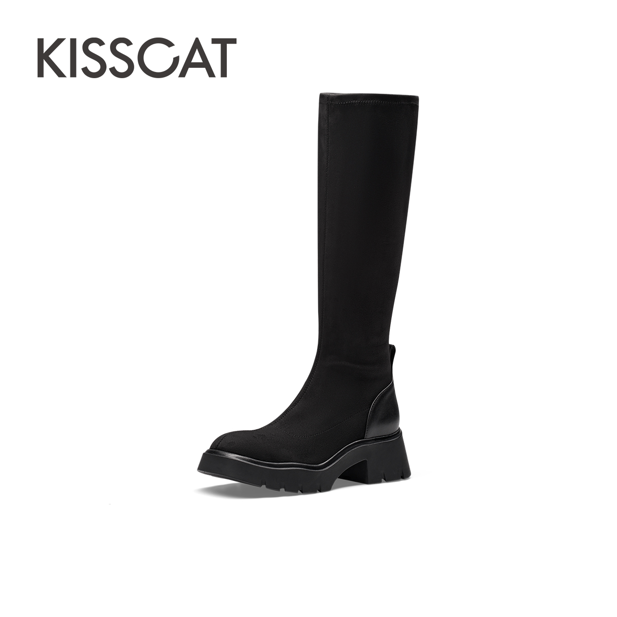 【商场同款】接吻猫新款时尚百搭高筒靴气质简约弹力靴女KA43548-53