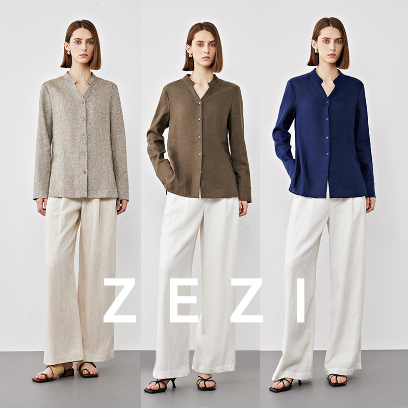 ZEZI清仓-纯亚麻立领衬衫轻薄衬衫时尚休闲衬衣立领廓形Z12C411S