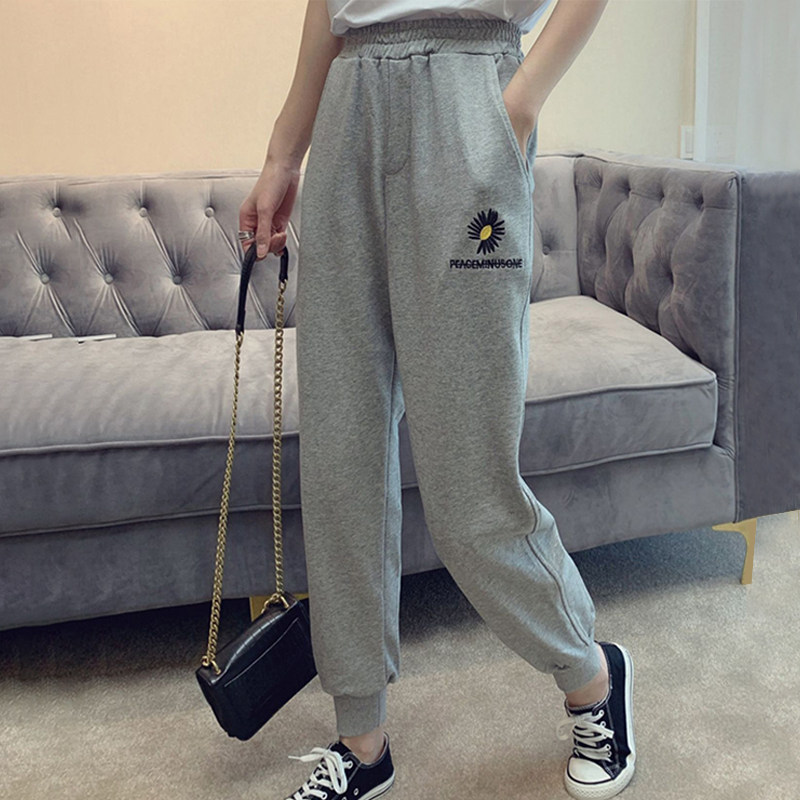 欧洲站灰色纯棉运动裤女士秋季宽松束脚高腰显瘦百搭休闲哈伦卫裤