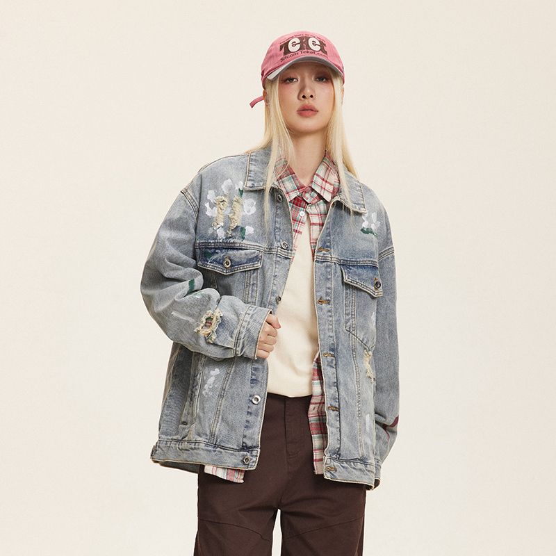 ZX潮咩美式复古喷漆破洞牛仔外套宽松情侣街头风做旧牛仔衣百搭