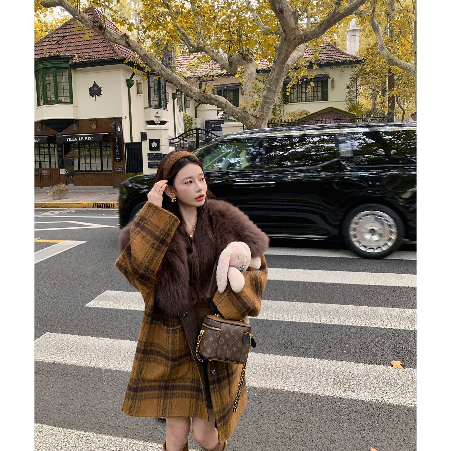 「精灵魔方」复古格子双面羊毛大衣女秋冬狐狸毛皮草毛呢外套中长