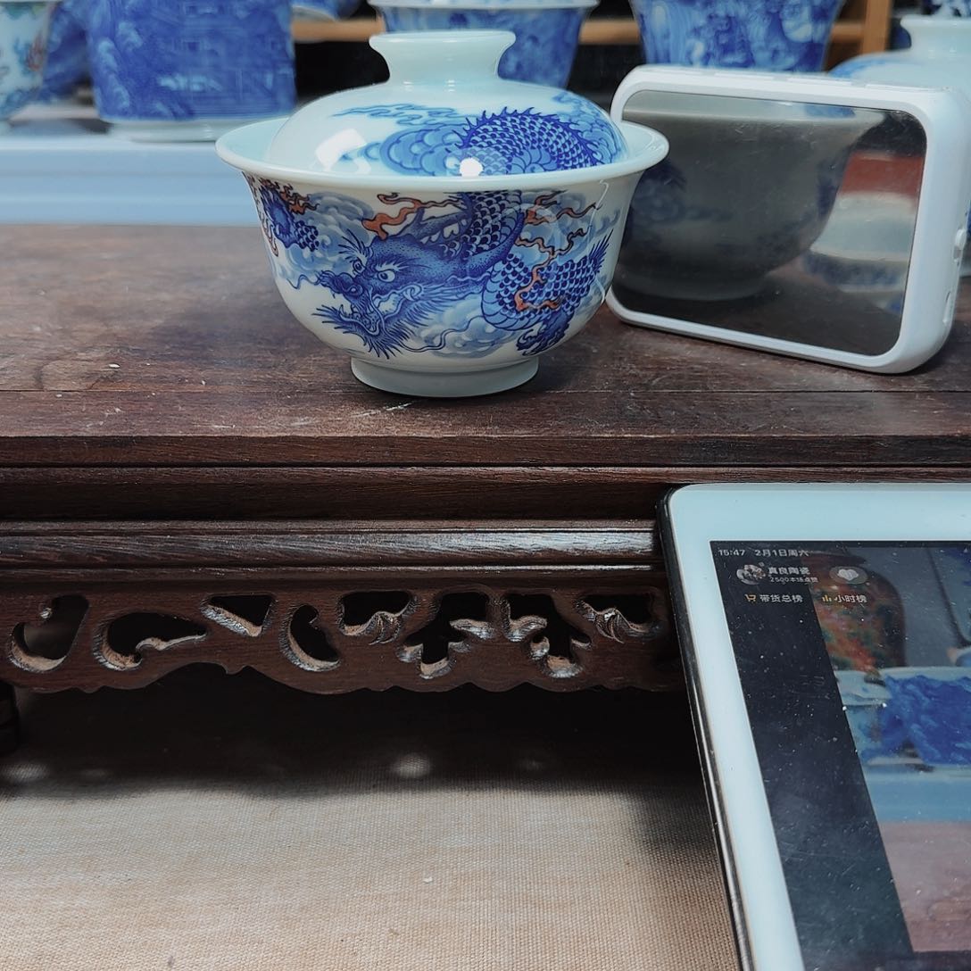 泥塑预***者盖碗手工手绘