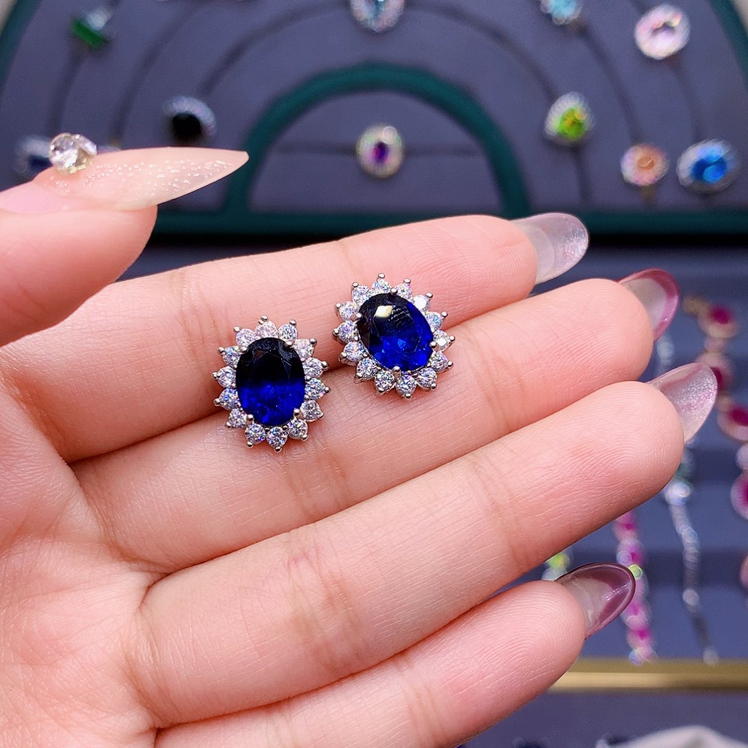 蓝宝石耳饰银S925镶嵌