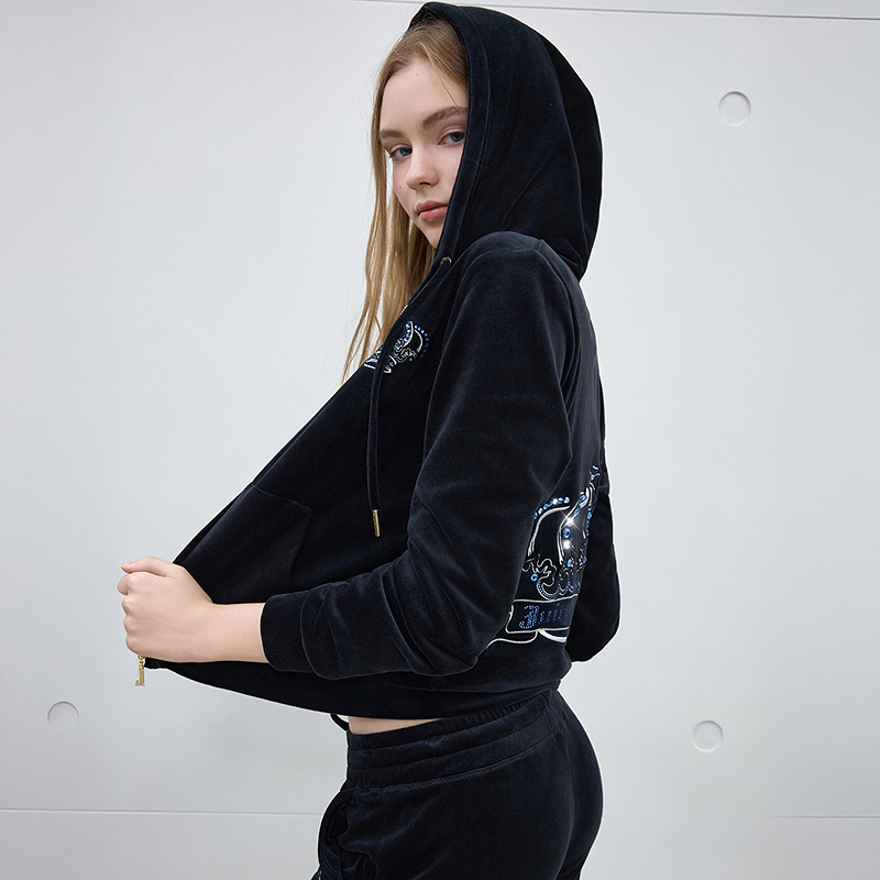 Juicy Couture橘滋经典大皇冠刺绣烫钻丝绒女式休闲外套