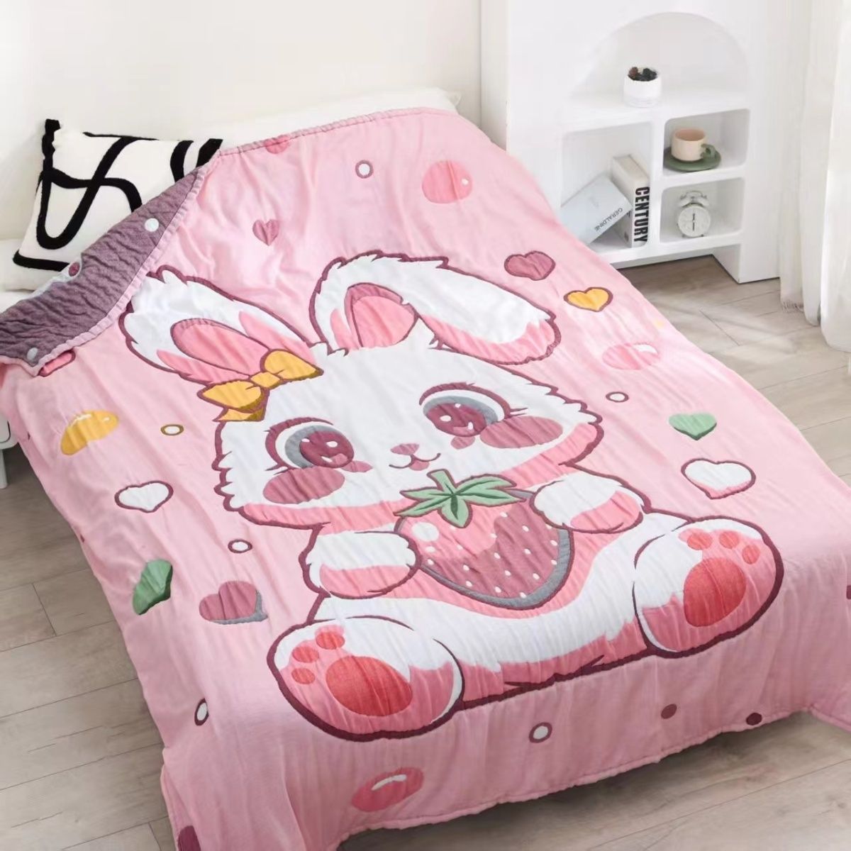 【草莓兔】150X200多层纱棉被纯棉柔软透气亲肤泡芙被