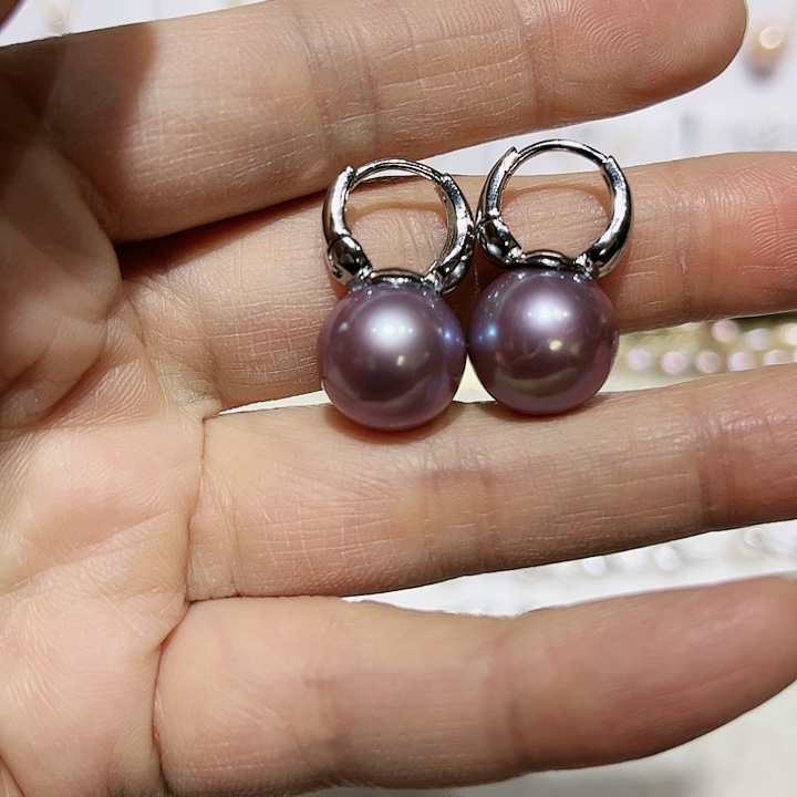 淡水珍珠紫珠水桶耳扣银S925镶嵌