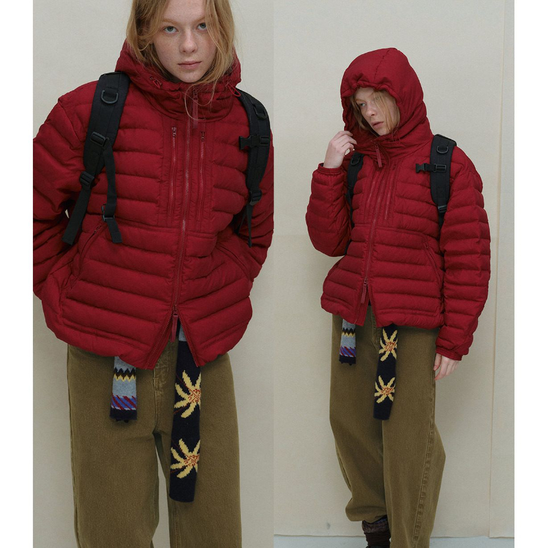 unique point连帽双拉链排骨羽绒服女冬季新款复古休闲小众外套