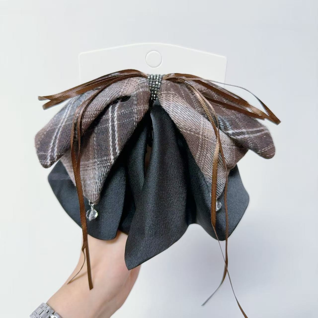 韩版格子蝴蝶结丝带抓夹高级感后脑勺半扎发马尾夹显发量发夹3485