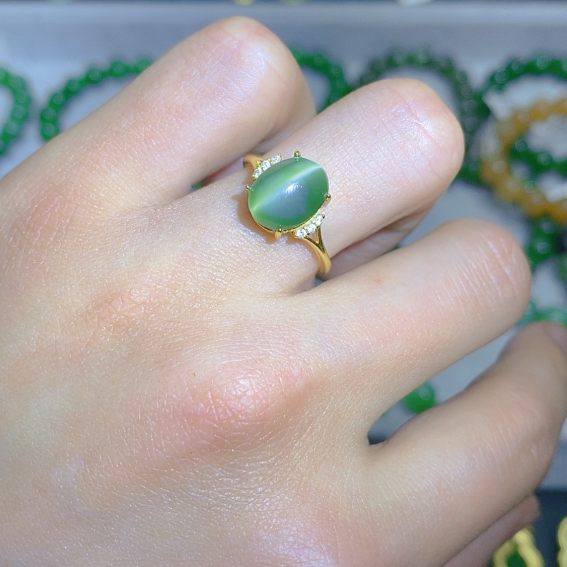 【闪购商品】和田玉（碧玉）戒指银S925镀金镶嵌