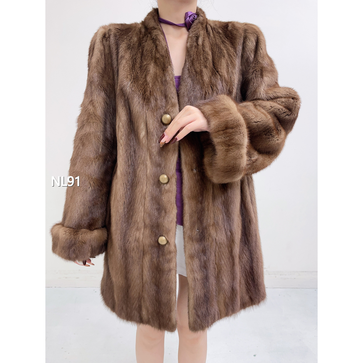 【NL91】M 冷茶棕中长款全抽水貂大衣（肩41胸104衣80袖60）11091