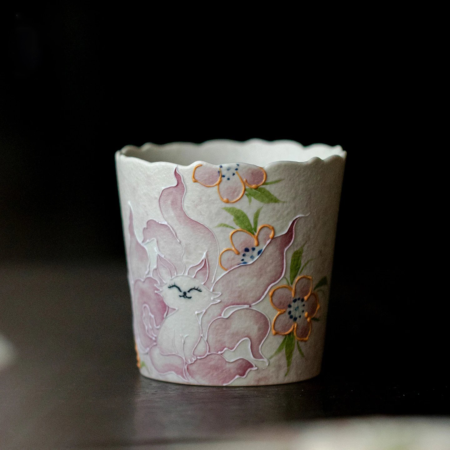 火石红手绘九尾狐茶杯水杯