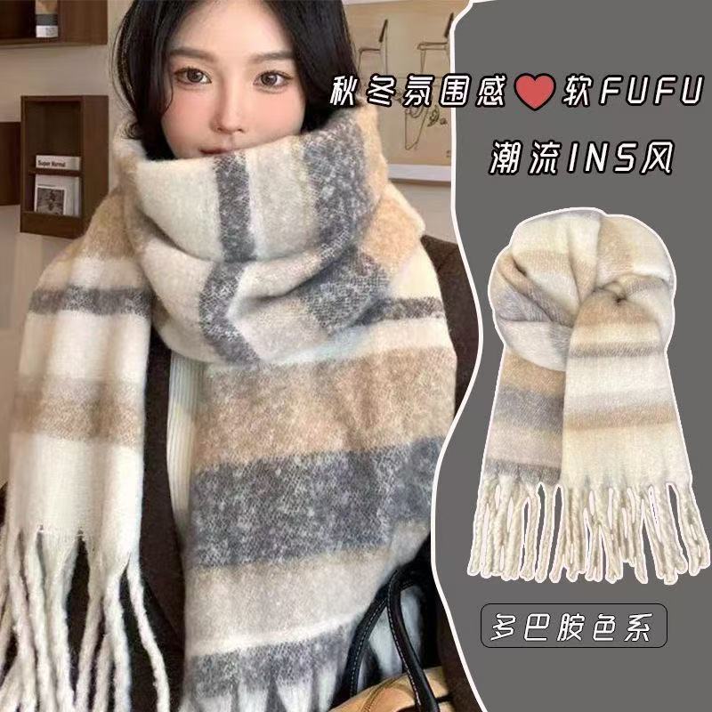 格子围巾女冬季韩系氛围感百搭格纹保暖围脖圣诞新年防寒披肩