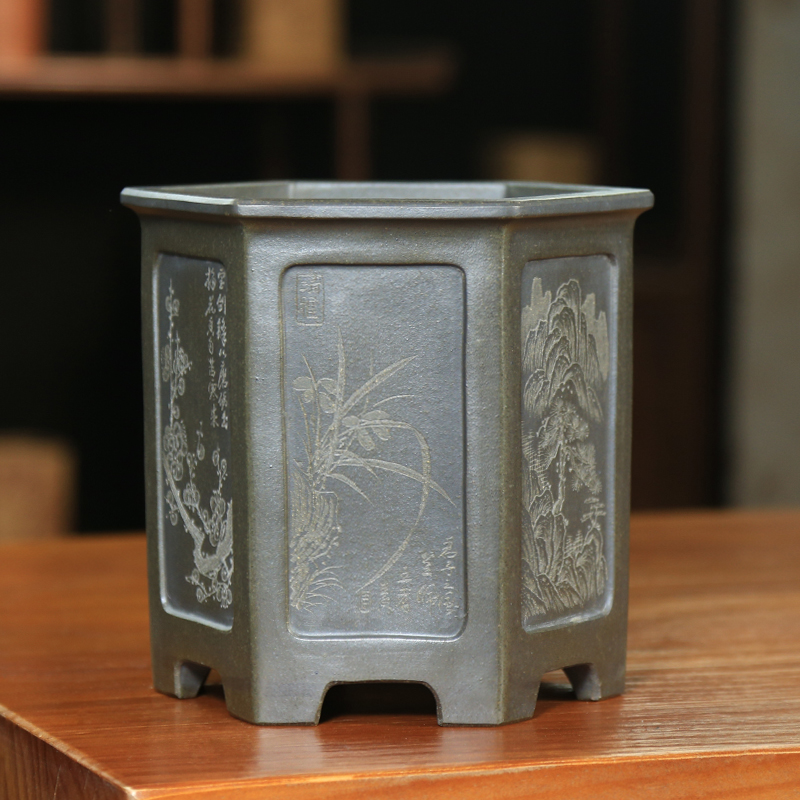 神力紫砂天青泥花盆精品手工六方奎面泥绘翠盖绿云植物中国风兰花