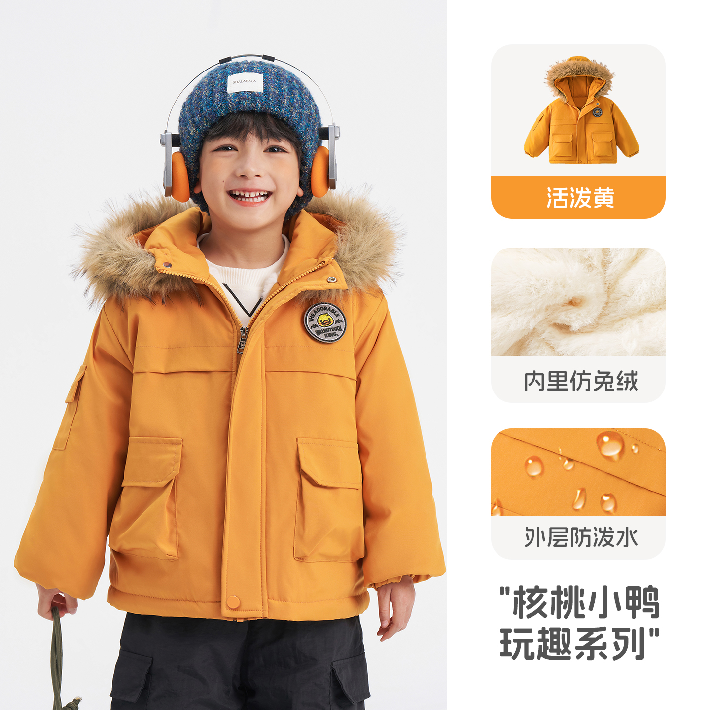 【小黄鸭】冬季男女宝加绒加厚新年红派克毛领棉服儿童连帽保暖外套