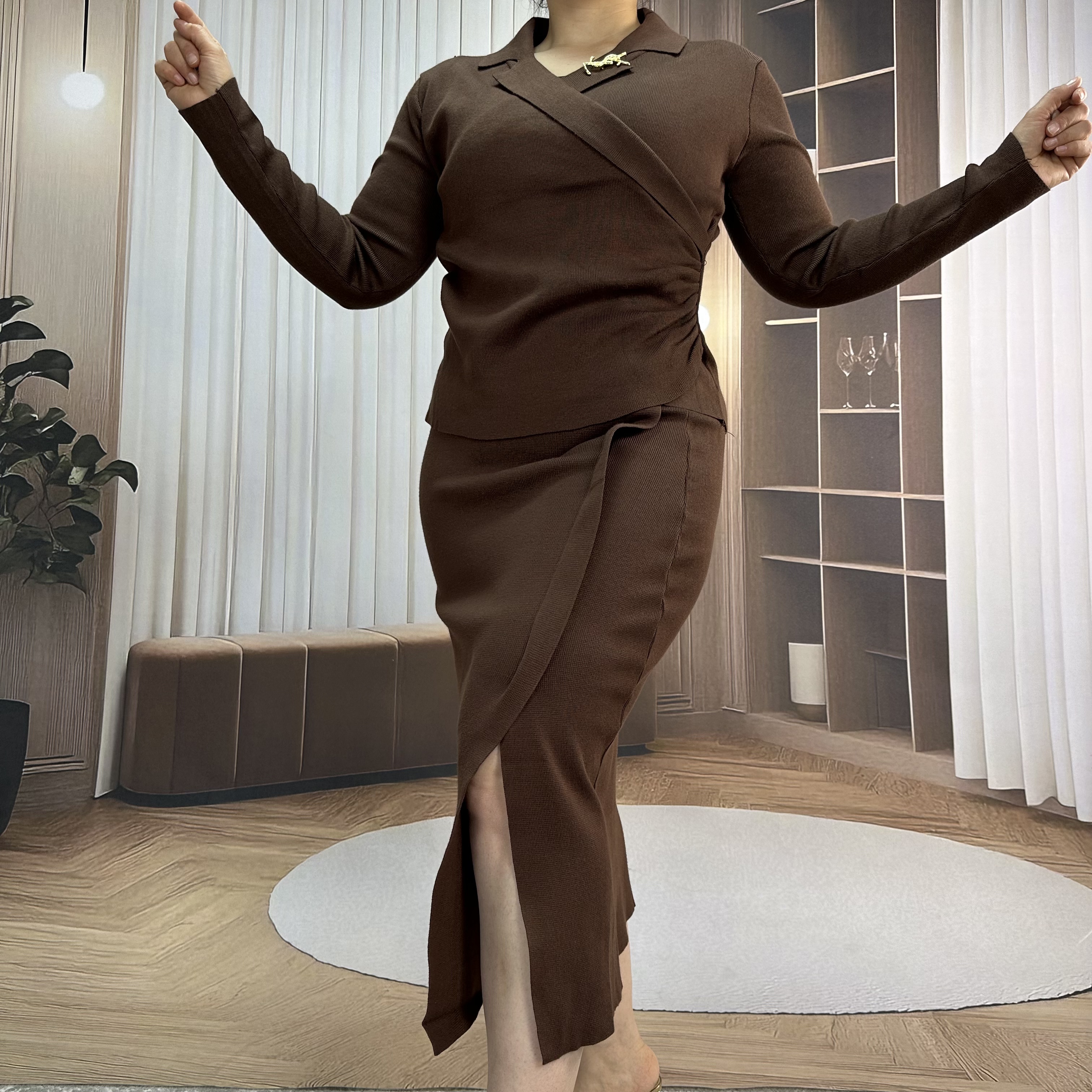 【2601款式】冬季V领半身裙+上衣秋冬针织时尚包臀修身