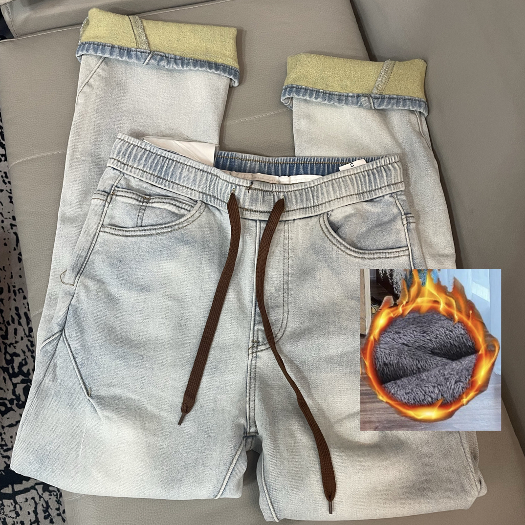 426#加绒加厚松紧腰直筒牛仔裤9589#（裤长108左右）