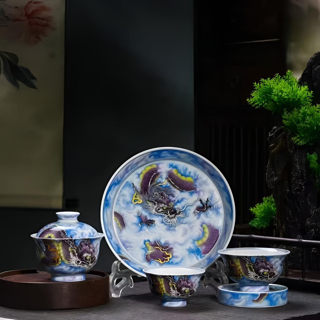 景德镇高温瓷七承堂新品紫龙系列五件套高端大气礼盒装