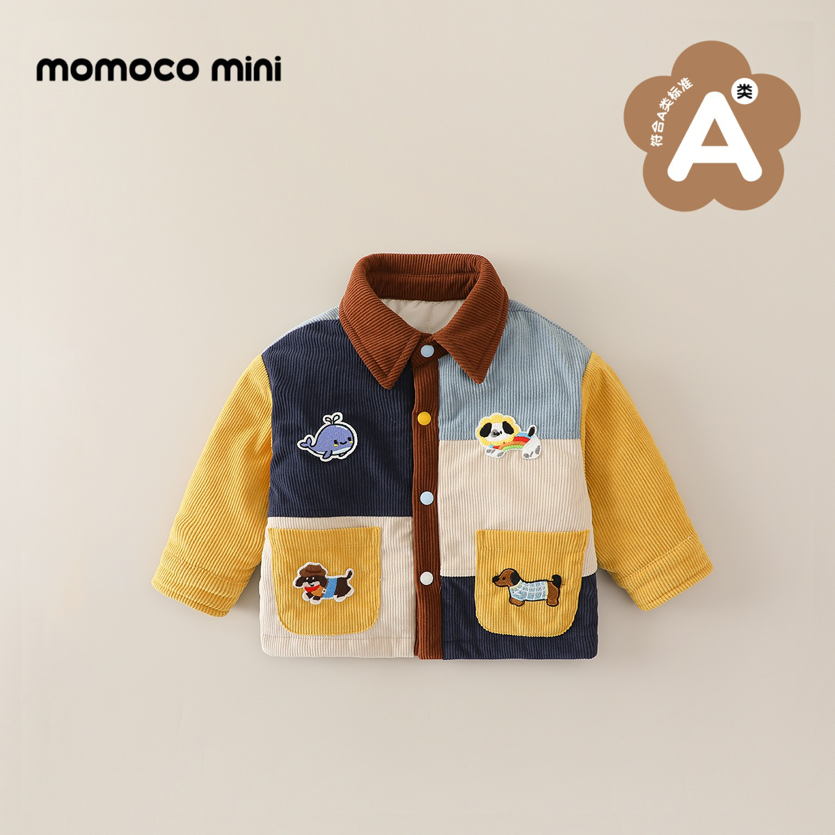 【现货】MOMOCOmini冬季婴童男宝条绒绣花棉服拼接外套87410101008