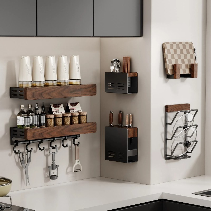 CMEO胡桃木厨房置物架调味品收纳免打孔壁挂式调料多功能厨房收纳