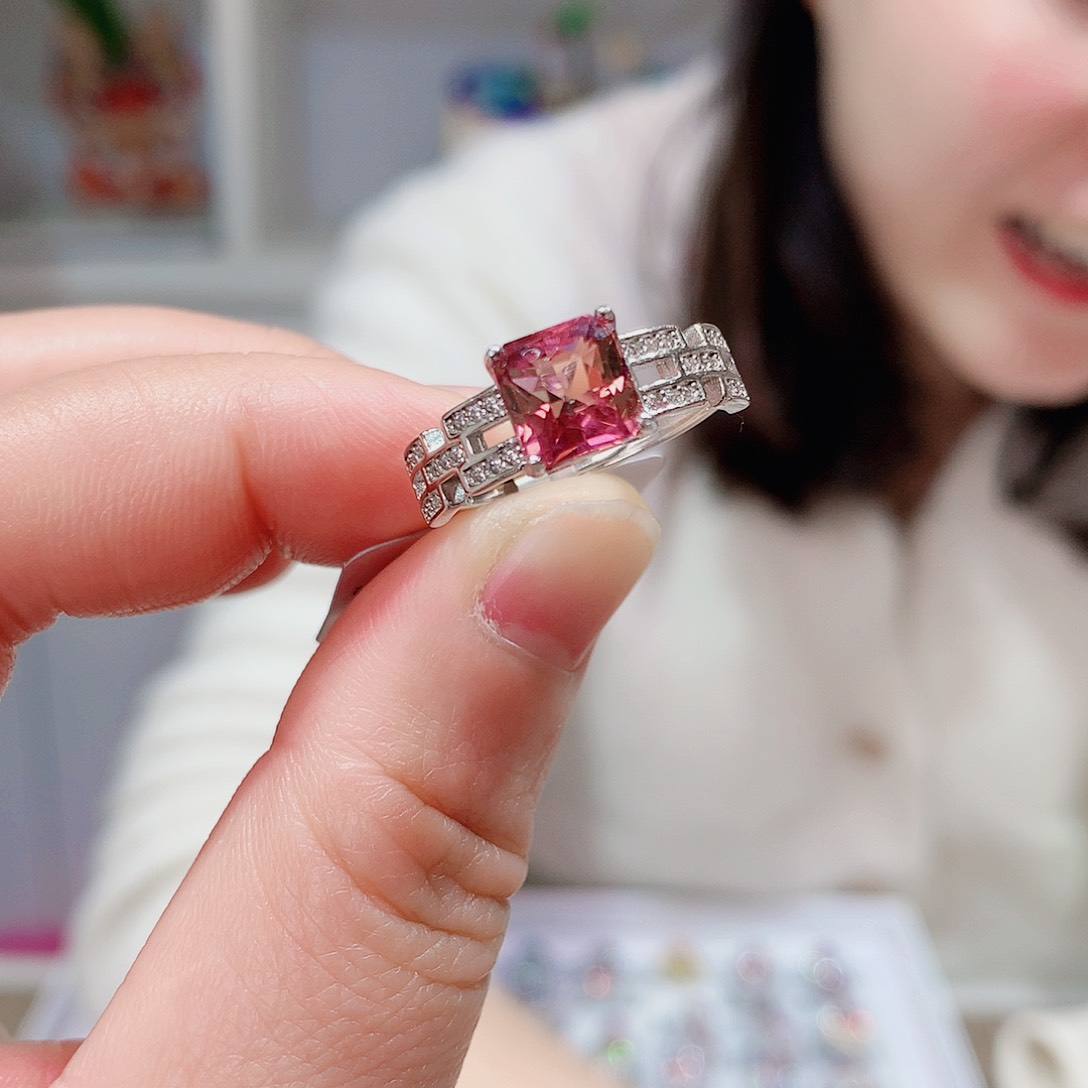 碧玺戒指银S925镶嵌戒指超美