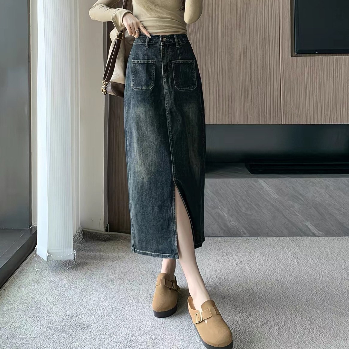 秋冬新款大码A231加绒前开叉牛仔半身裙女高腰显瘦A字包臀裙子