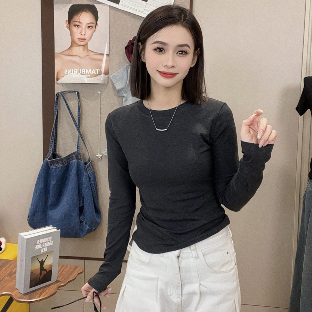 【秋冬新款】秋冬圆领长袖上衣女修身显瘦女士打底衫纯色百搭T恤女