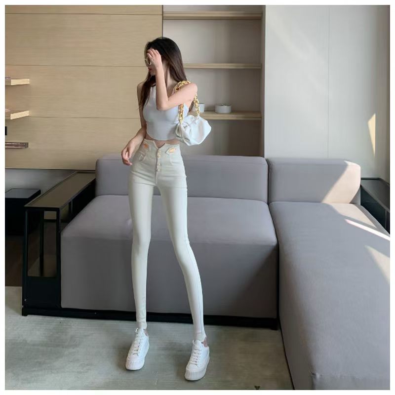 45.彩2韩版显瘦高腰白色铅笔裤加绒小脚牛仔裤弹力秋冬修身牛仔裤