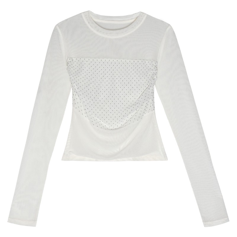 韩11白色波点拼接双层网纱小衫女设计感修身显瘦长袖圆领上衣春季