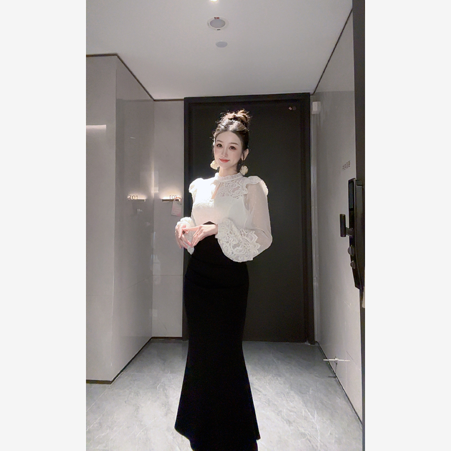 【小茵家】气质拼色修身高腰鱼尾收腰连衣裙假两件撞色法式设计师