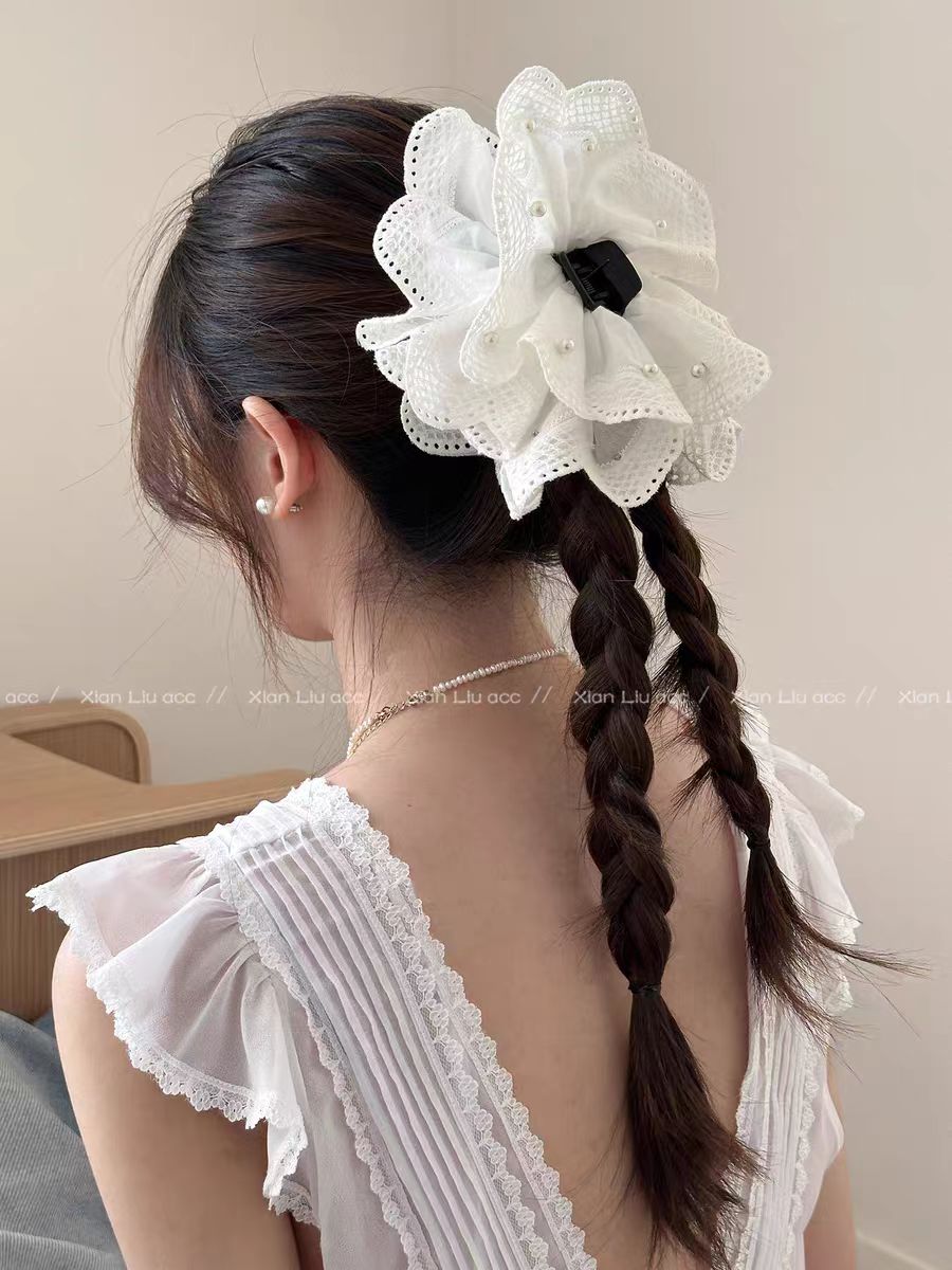 法式白色花朵蕾丝马尾抓夹女高级感温柔百搭后脑勺夹子头饰
