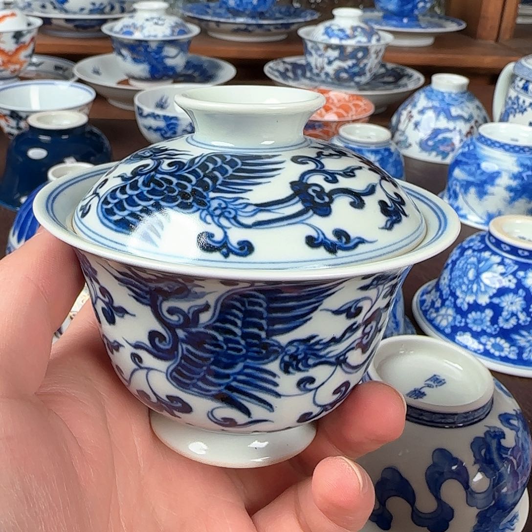 杯青花釉下五凤盖碗