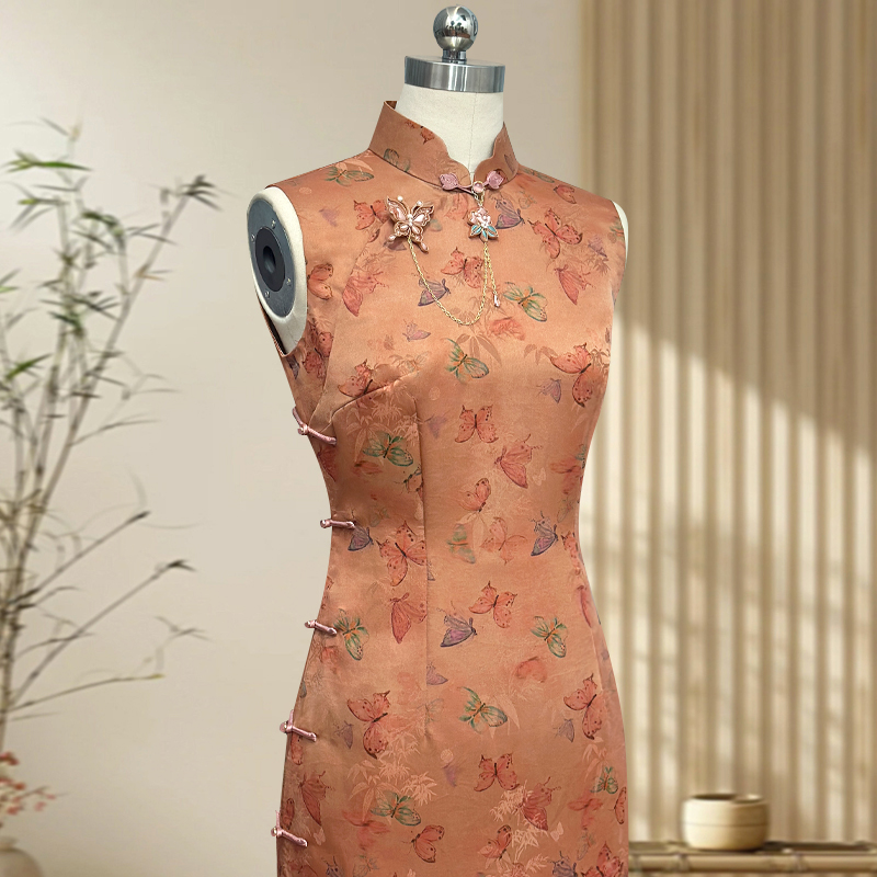 春日蝶序 玲珑娇高端旗袍真丝香云纱手工开襟无袖显年轻女装国风